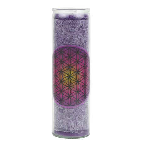 Stearin Kerze Blume des Lebens violett im Glas